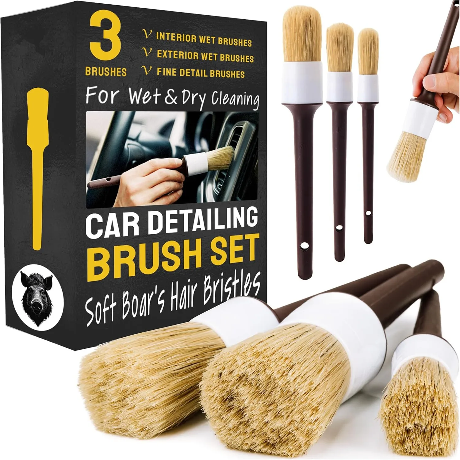 Car Detailing Brush Set Boar Hair Interior - Set Sikat Detail Mobil 3pcs, Sikat