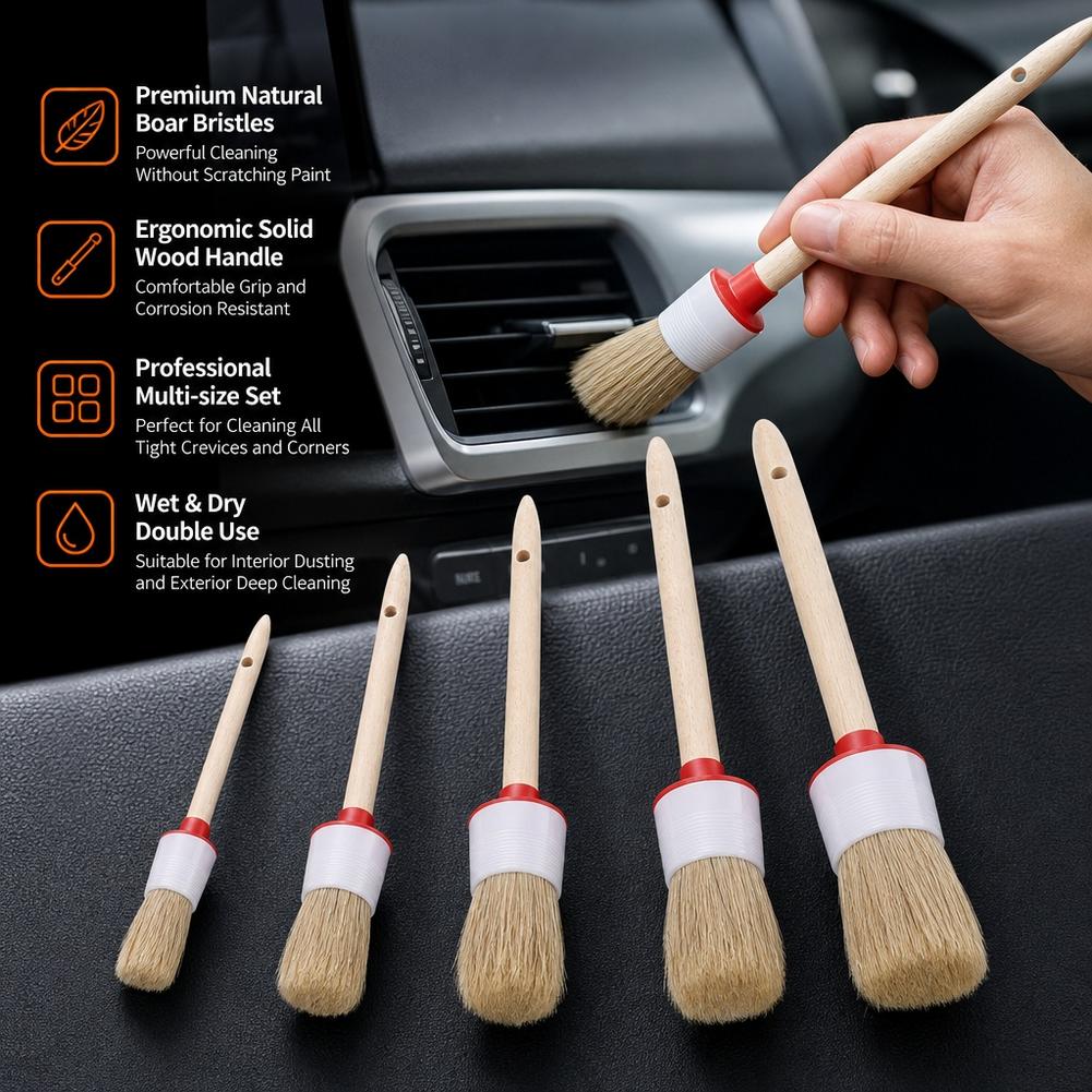 Car Detailing Brush Set Boar Hair Interior - 5 Buah Set Sikat Detail Mobil,