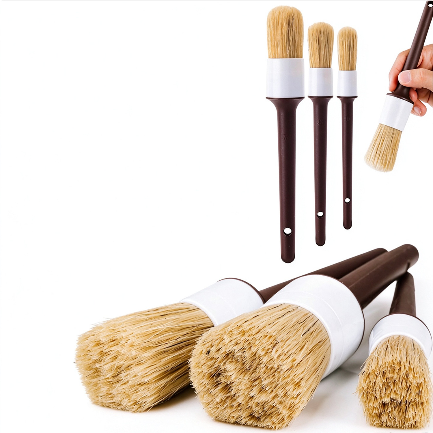 Car Detailing Brush Set Boar Hair Interior - Set Sikat Detail Mobil 3pcs, Sikat